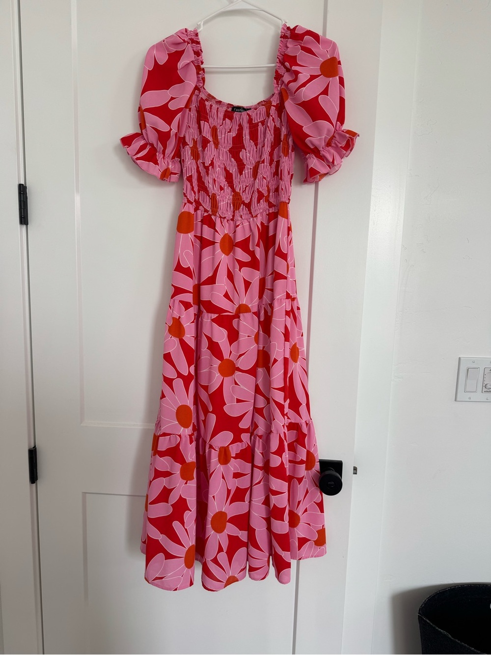 Girls Pink and Red Floral Puff-Sleeve Dress